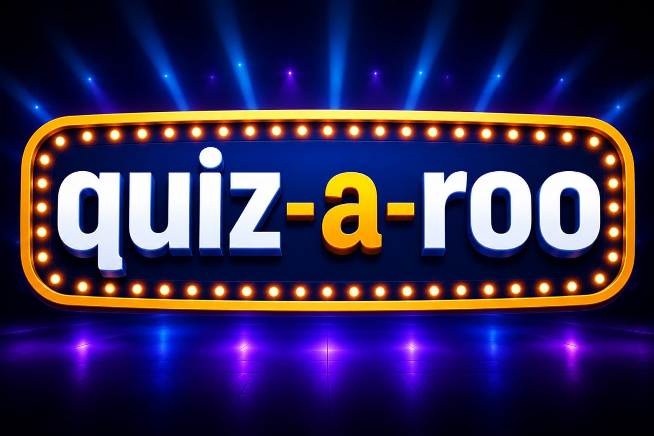 quiz-a-roo logo with marquee lights and blue stage beams